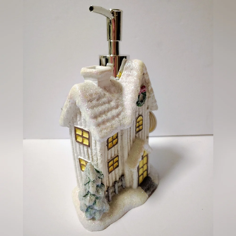 NWT Christmas Ceramic Glitter Village House Soap Lotion Dispenser Holiday Decor